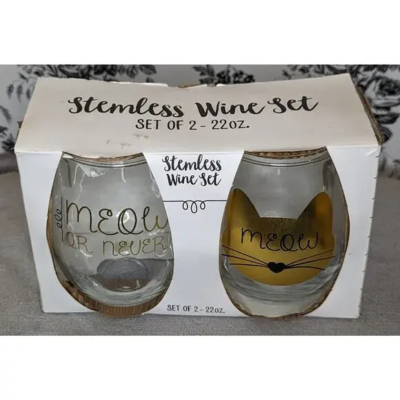 NWT Meow Or Never Gold Black Cat Kitten Stemless Wine Glass Set 22 oz - Picture 3 of 6